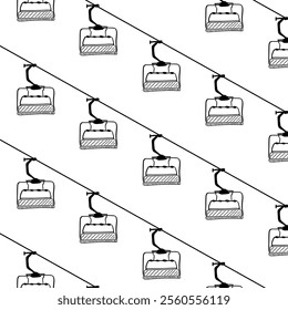 Ski cable lift for ski resort and winter sports. Seamless pattern with outline ski elevator. Vector illustration cable car.
