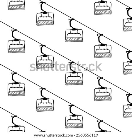 Ski cable lift for ski resort and winter sports. Seamless pattern with outline ski elevator. Vector illustration cable car.
