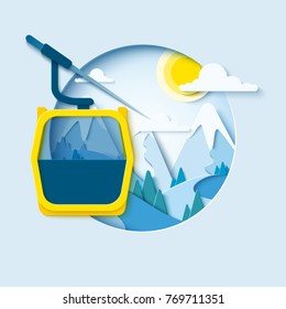 Ski cableway paper cut banner. Winter mountain paper landscape background with ski lift cabine. Vector poster for skiing resort 