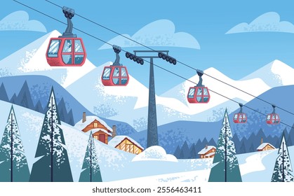 Ski cableway. Winter snowy mountain resort ropeway cable car in switzerland austria landscape, skiers track snowboard lift alps holiday outdoor scene, classy vector illustration original artwork