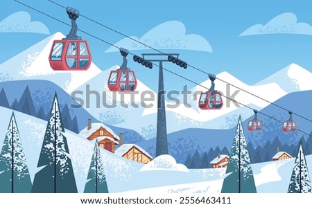 Ski cableway. Winter snowy mountain resort ropeway cable car in switzerland austria landscape, skiers track snowboard lift alps holiday outdoor scene, classy vector illustration original artwork