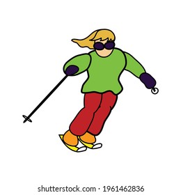 Ski cartoon woman, with skis andpoles in a graphic line flat color style