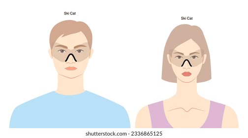 Gafas de marco para gato de esquí en la ilustración de accesorios de moda de carácter plano para mujeres y hombres. Vista frontal de vidrio solar estilo de silueta unisex, anteojos de espectáculos, contorno de estilo de esbozo de lente aislado en blanco