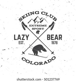 Ski club concept. For badge, patch, shirt, print, seal or stamp. Bear, mountain and helmet. Ski club typography design. Vector illustration.