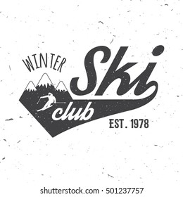 Ski club concept with skier. Vector illustration. For badge, shirt, print, patch, seal or stamp. Ski club typography design.