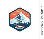 Ski club concept with skiers skiing downhill in high mountains. Ski club vector retro badge