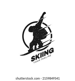 Ski club concept with skiers skiing downhill in high mountains. Retro badge vector ski club. Concept for shirt, print, stamp or tuning. Ski club typography design - stock vector.