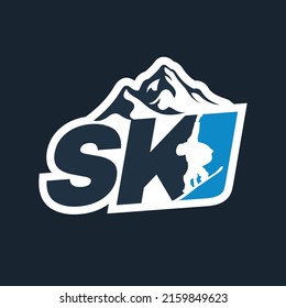 Ski club concept with skiers skiing downhill in high mountains. Retro badge vector ski club. Concept for shirt, print, stamp or tuning. Ski club typography design - stock vector.