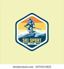 Ski club concept with skiers skiing downhill in high mountains. Ski club vector retro badge