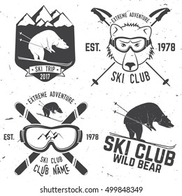 Ski club concept. Vector ski club retro badge. Concept for shirt, print, seal or stamp. Skis, mountain, bear and goggles. Typography design- stock vector. Family vacation, activity or travel