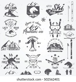 Ski club design. Vector illustration. Vector ski club retro badge. Concept for shirt, print, seal or stamp. Ski club typography design- stock vector. Family vacation, activity or travel.