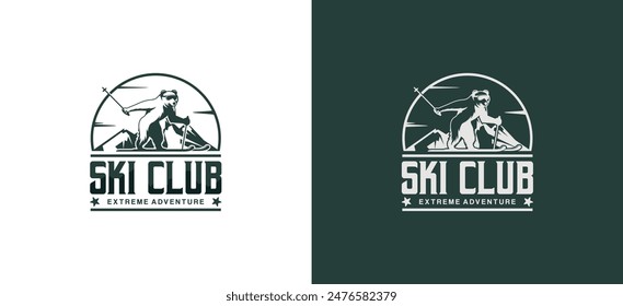 Ski club logo design, polar bear skiing on mountain background, ski club retro badge