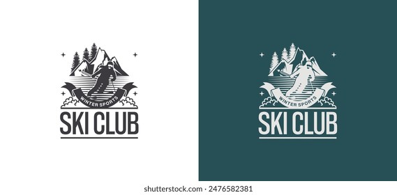 Ski Club Logo Design mit Skifahrer Skifahren auf Hochgebirgshintergrund, Ski Club Retro Abzeichen Symbol