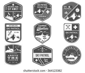 Ski Club, Patrol, Campsite Labels Collection. Vintage Mountain, winter sports explorer badges Outdoor adventure logo design. Travel and hipster monochrome insignia Snowboard icon symbol. Vector patch