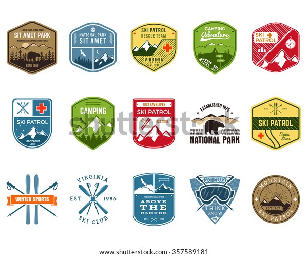 Ski Club, Patrol Labels. Vintage Mountain winter\
camp explorer badges. Outdoor adventure park, camp logo design.\
Travel patch, hiking, travel logo, hipster print. Snowboard emblem.\
Wilderness. Vector.