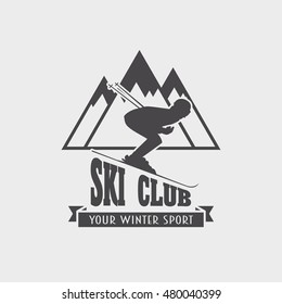 Ski club and snowboarding resort logo, emblem, label or badges vector element with skier and mountain