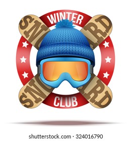 Ski club or team. Symbols of winter woolen hat and snowboards with ribbon. Vector Illustration isolated on background.