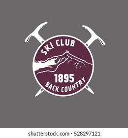 Ski club vector logo. Back country skiing vector badge. Mountaineering vector logo design template. Axes illustration