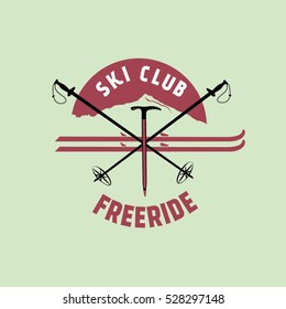 Ski club vector logo. Back country skiing vector badge. Mountaineering vector logo design template. Axe illustration. Ski and poles illustration. Retro hipster emblem of outdoor adventures.