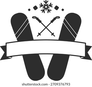 Esqui cruzado com polo, floco de neve e crachá de fita em estilo de logotipo de silhueta plana. Símbolo de esporte de inverno, aventura de montanha, marca de resort alpino e atividade ao ar livre. Ilustração de vetor de desenhos animados.