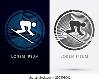 Ski, designed on circle abstract background, logo, symbol, icon, graphic, vector.
