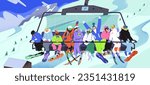 Ski elevator with different people. Men and women with snowboard lift to mountain on cableway, skier spend vacation in winter resort, girls and boys travel, sport lifestyle. Flat vector illustration