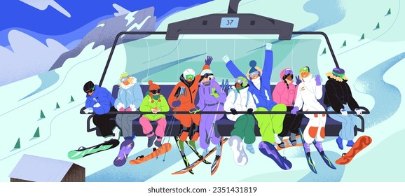 Ski elevator with different people. Men and women with snowboard lift to mountain on cableway, skier spend vacation in winter resort, girls and boys travel, sport lifestyle. Flat vector illustration