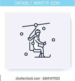 Ski elevator line icon. Man going to the top by ski elevator. Skier. Winter holidays and leisure concept. Ski resort. Sport, hobby. Isolated vector illustration. Editable stroke 