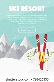 Ski equipment, Alps, fir trees, falling snow, mountains panoramic background, flat vector illustration. Ski resort season is open. Winter web banner design. Ski, ski poles standing in snow.