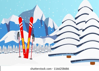 Ski equipment, Alps mountains, fir trees, falling snow panoramic background, flat vector illustration. Ski resort season is open. Winter web banner design.