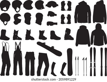 Ski equipment. Assortment of skiing eqiupment silhouette icons