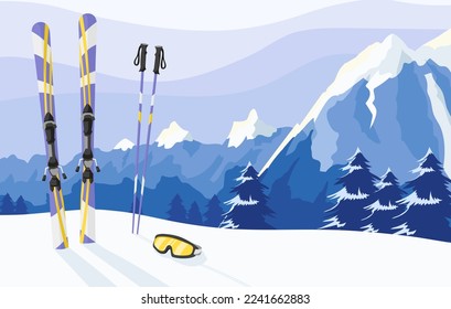 Banner de equipo de esquí con alpes nevados pica el paisaje en segundo plano. Colores morados amarillos de esquís, postes de esquí y máscara de malabarismo en la nieve. Afiche de la estación de esquí con la cima de las montañas. Ilustración del vector