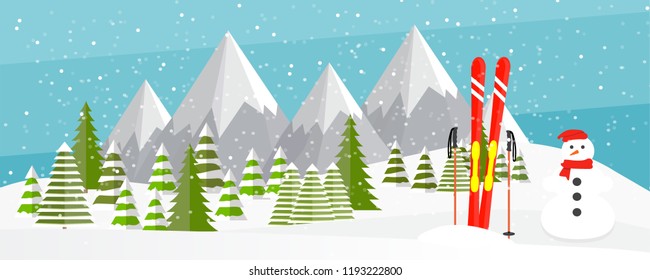 Ski equipment, cute cartoon snowman, Alps, fir trees, falling snow, mountains panoramic background, flat vector illustration. Ski resort season is open. Winter web banner design.