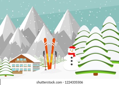 Ski equipment, cute snowman, Alps, fir trees, falling snow, countryside house, mountains panoramic background, flat vector illustration. Ski resort season is open. Winter web banner design.