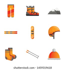 Ski equipment icon set. Cartoon set of 9 ski equipment vector icons for web design isolated on white background