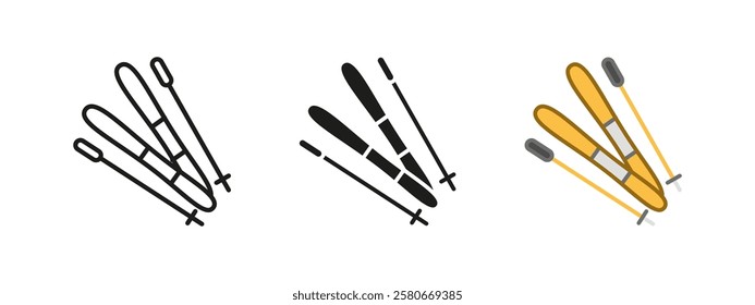 Ski equipment icon. Winter sport vector illustration. Alpine skis with poles symbol. Downhill adventure and snow recreation sign. Extreme outdoor competition concept.