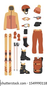 Ski equipment kit clothes vector illustration on transparent background. Extreme winter sport. Set skis and ski poles