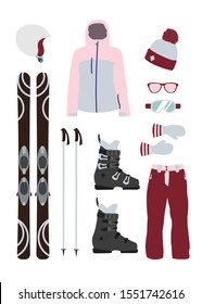 Ski equipment kit clothes vector illustration on transparent background. Extreme winter sport. Set skis and ski poles. vacation, 