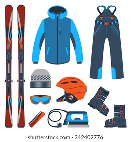 Ski equipment kit clothes vector illustration on white background. Extreme winter sport