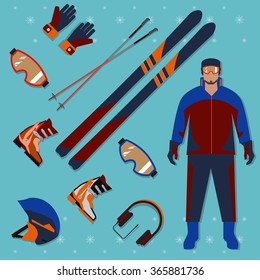 Ski equipment or ski kit. Extreme winter sports. Vector set of ski icons.