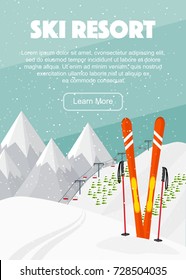 Ski equipment, lift, trail, Alps, fir trees, falling snow, mountains panoramic background, flat vector illustration. Ski resort season is open. Winter web banner design. 