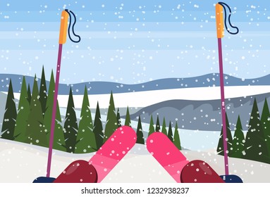 ski equipment on top of slope winter snowy mountain hill fir tree forest landscape background sport vacation concept horizontal flat vector illustration