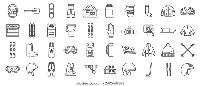 Ski equipment rental icons set. Skiing and snowboarding equipment and accessories for winter sports and activities line icons set