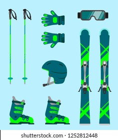 Ski equipment set flat illustration