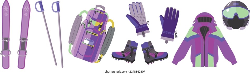 Ski equipment set. Flat illustrations of skiing equipment. Skis, ski poles, backpack, gloves, boots, jacket, helmet with mask.