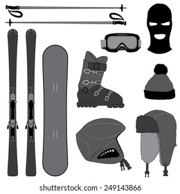 Ski Equipment Silhouettes Set, Isolated on White Background. Vector Image