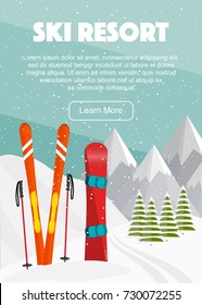 Ski equipment, snowboard, trail, Alps, fir trees, falling snow, mountains panoramic background, flat vector illustration. Ski resort season is open. Winter web banner design.