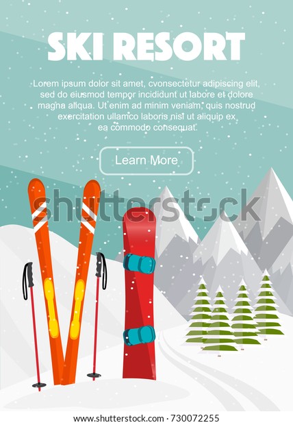 Ski\
equipment, snowboard, trail, Alps, fir trees, falling snow,\
mountains panoramic background, flat vector illustration. Ski\
resort season is open. Winter web banner\
design.