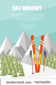 Ski equipment, Swiss Alps, fir trees, falling snow, mountains vertical background, flat vector illustration. Ski resort season is open. Winter web banner design.