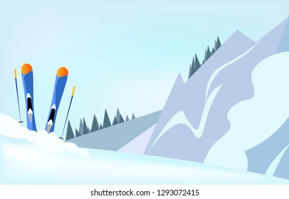 Ski equipment, trail, Alps,  falling snow, mountains panoramic background, flat vector illustration. Ski resort season is open. 